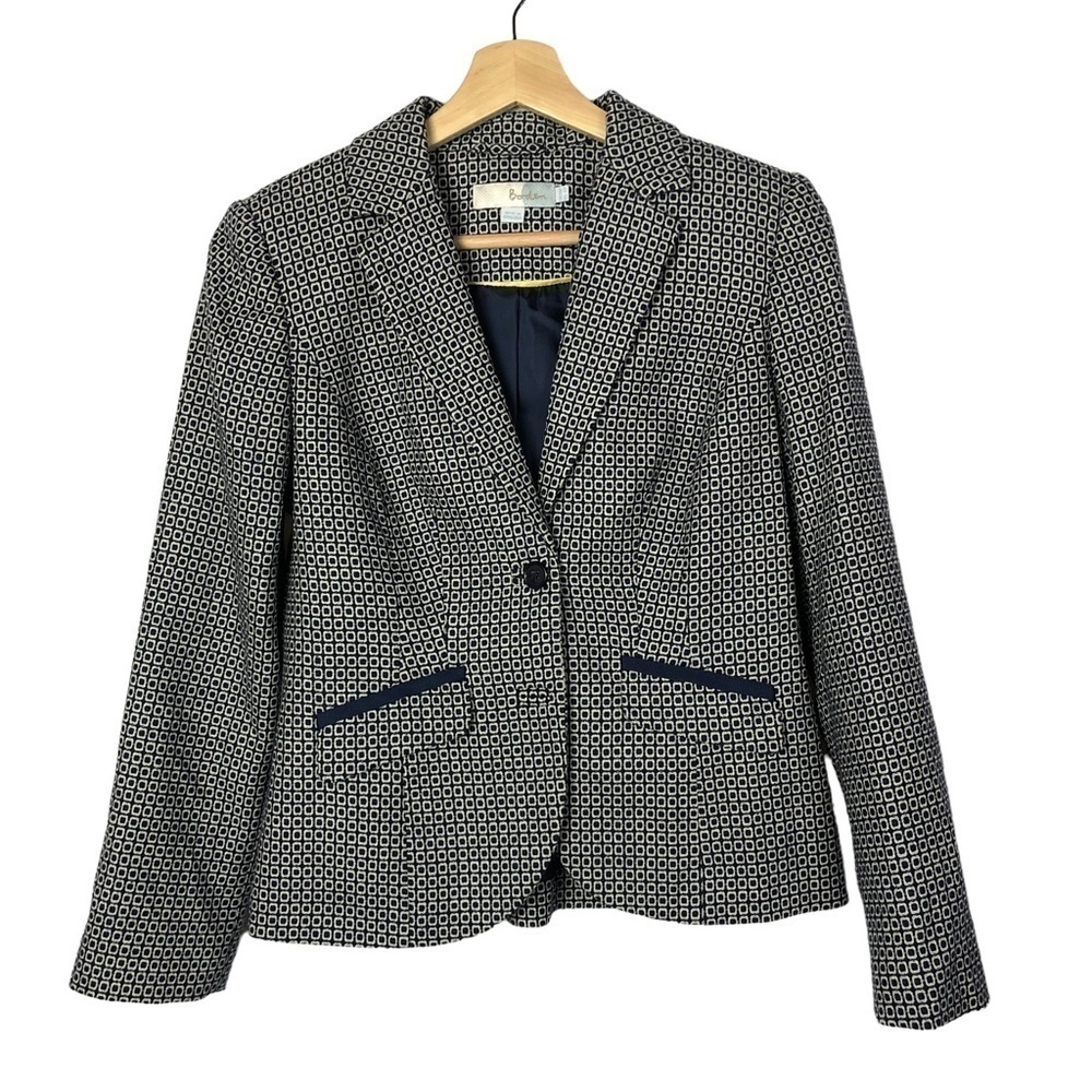 Boden Petite‎ Navy Blue & White Square Printed Two Button Close Blazer Jacket 6P
